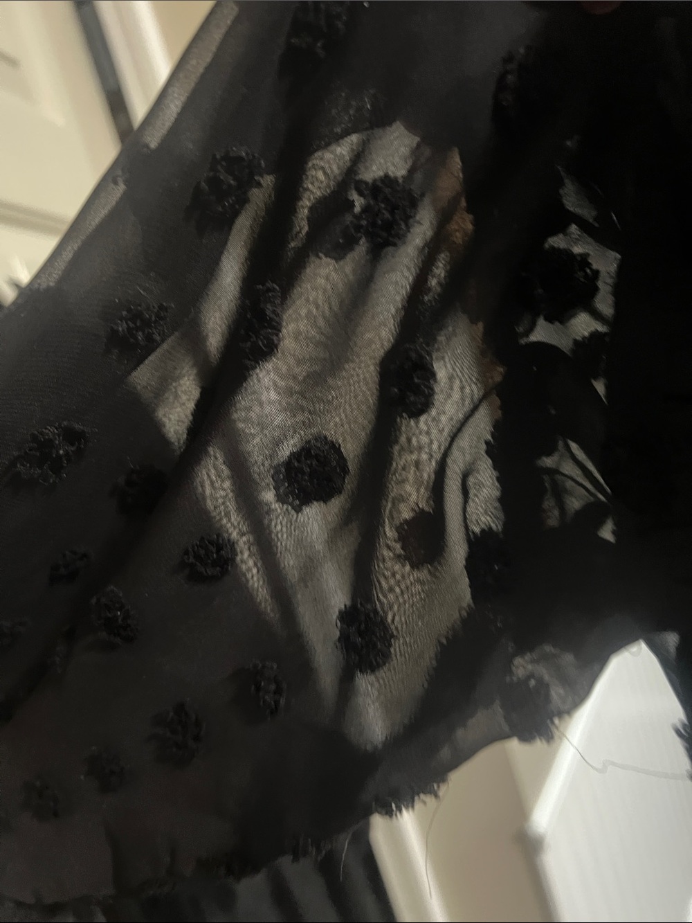 Black Sheer Swiss Dot Midi Dress with Ruffled Hem - Picture 7 of 12